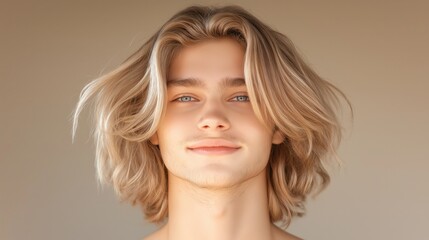 Naklejka premium Young man with long blonde hair smiling in a neutral setting during daylight.