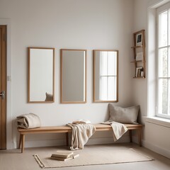 Minimalist Hallway Interior with Wooden Bench and Mirrors