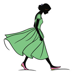 Stylish Woman Silhouette in 1950s Mint Dress – Retro Vector Illustration with Bold Outlines