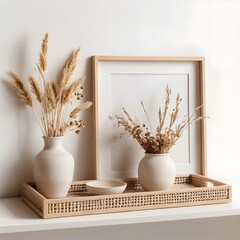 Neutral Home Decor Still Life with Dried Flowers and Wooden Tray