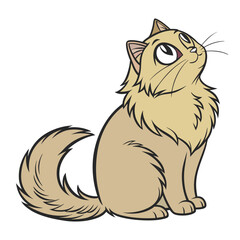Cute Long-Haired Cat Vector – Tan Cartoon Pet Sitting and Looking Up, Bold Outline Style