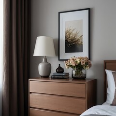 Modern Bedroom Interior with Wooden Chest of Drawers, Lamp, and Flowers