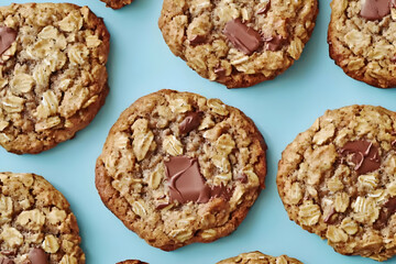 Fototapeta premium Chocolate Chip Oatmeal Cookies on Blue Background