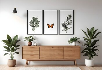 Modern Living Room Interior with Wooden Sideboard, Plants, and Botanical Prints
