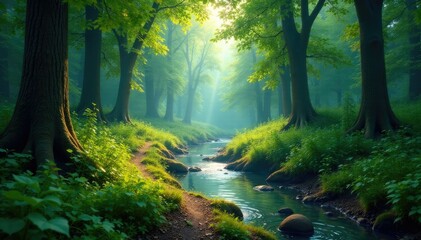 Obraz premium Forest floor with winding forest path and river, scenery, greenery