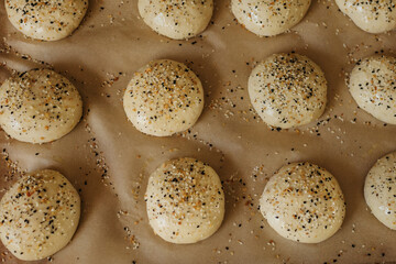 Overhead view of sourdough buns with everything bagel seasoning