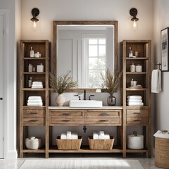 Modern Farmhouse Bathroom Vanity with Wooden Shelves and Baskets