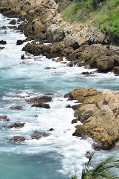 view of waves in the sea on rocks. Oaxaca, Mexico.,