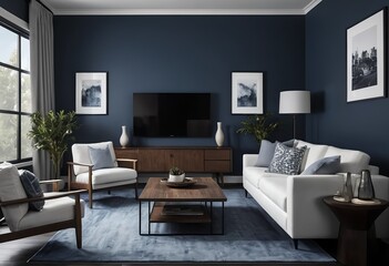 Modern Living Room Interior Design with Dark Blue Walls and White Furniture