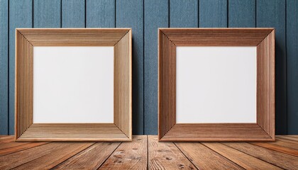 Two Square Wooden Frame Mockup Showcasing Vibrant Posters on a Rustic Wooden Floor Perfect for Digital Art, Home Decor, or Design Inspiration