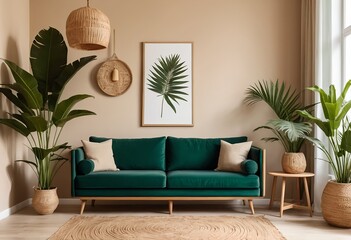 Stylish Green Velvet Sofa in Modern Living Room Interior