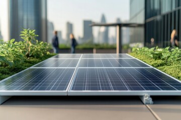 Fototapeta premium Modern solar panels glisten on rooftop, surrounded by greenery a