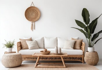 Bohemian Chic Living Room Interior with Rattan Furniture