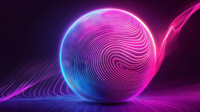 Futuristic Abstract Neon Energy Ball with Glowing Wavy Magical Flow on Dark Background