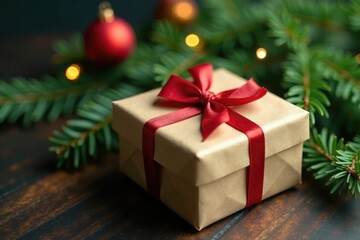 Gift box on brown paper wrapped spruce tree branch, Christmas, decorative