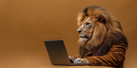 lion in brown suit working on laptop against warm background