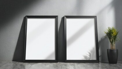 Minimalist Black Frame Mockup Against Concrete Backdrop, Illuminated by Dynamic Light Overlays, Evoking a Modern and Industrial Aesthetic.