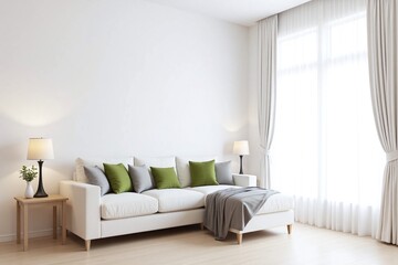 Modern living room large window white sofa side tables lamp