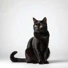 Obraz premium Elegant Black Cat Sitting on White Background