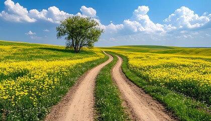 Spring road, yellow field, tree, blue sky