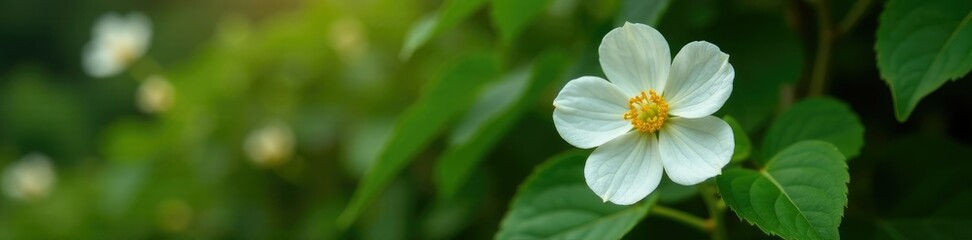 Obraz premium A delicate white dogrose flower on a trellis with vines, greenery, garden