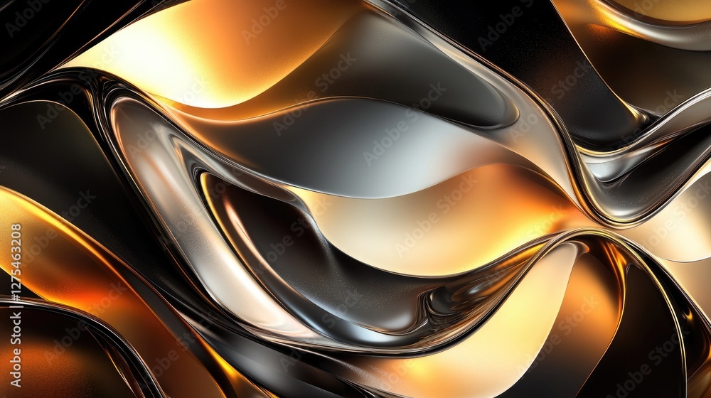 Poster 3D fluid shapes with metallic textures and gradient hues, creating a modern and dynamic abstract composition with depth and vibrancy