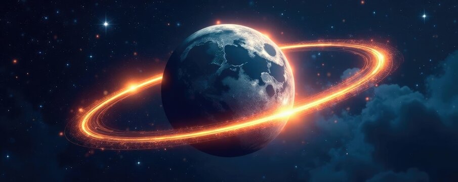 A glowing golden ribbon encircles a serene globe under starry night sky, moon, space