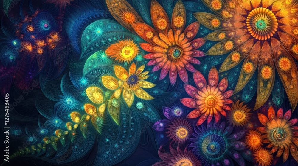 Poster 3D fractal patterns with vibrant, glowing hues and intricate light effects, creating a rich, complex design full of depth and visual intrigue