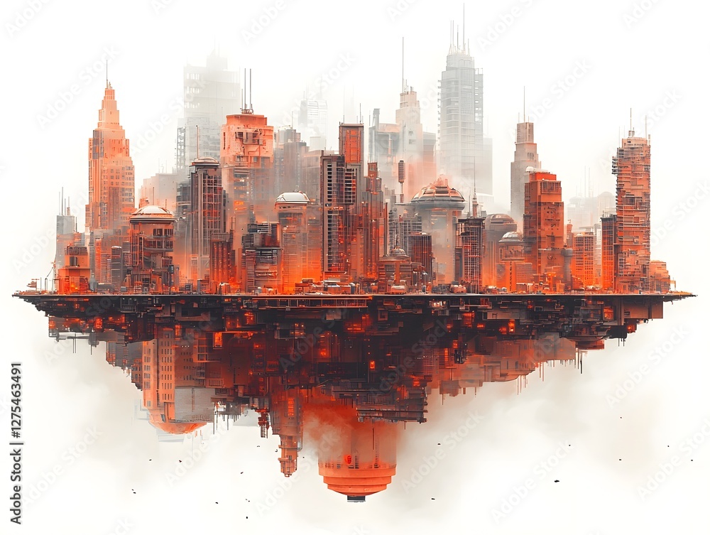 Poster gravity defying floating city block with sleek futuristic architecture on white background