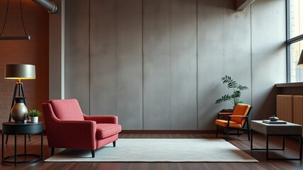 Minimalist Loft Living Room - Boucle Armchair, Concrete Wall, Bright Interior Design