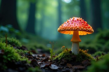 Fototapeta premium A lone glowing mushroom breaks through the underbrush, wild, mysterious plant life