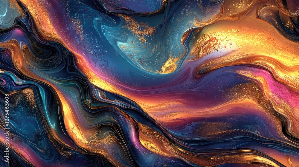 Poster 3D rendered golden liquid waves undulating smoothly with a gleaming, abstract metallic art piece that highlights richness and dynamic movement
