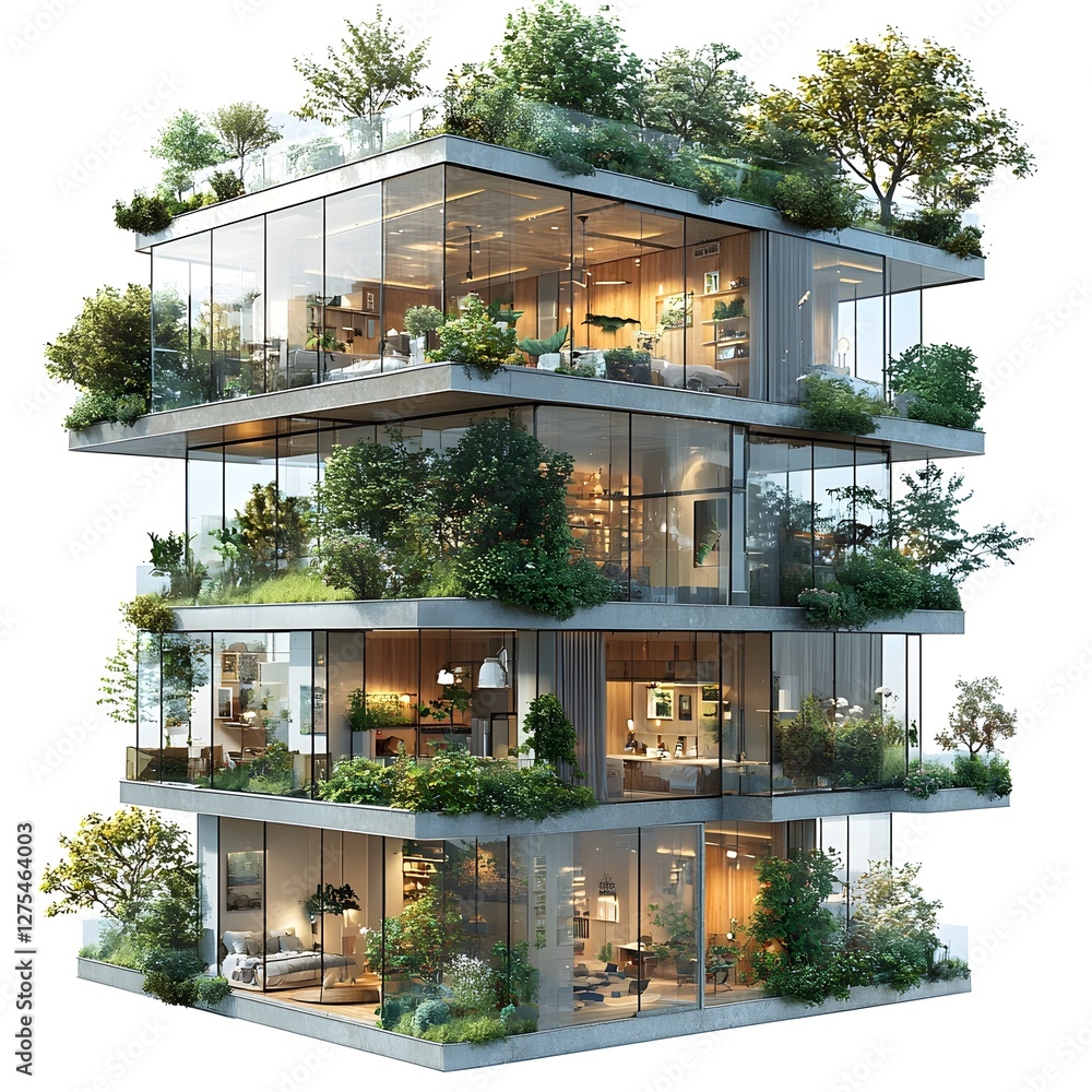 Aufkleber innovative cube shaped skyscraper with embedded green spaces and transparent facade
