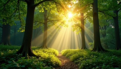 Warm sunlight filtering through forest canopy, trees, dappled light, verdant