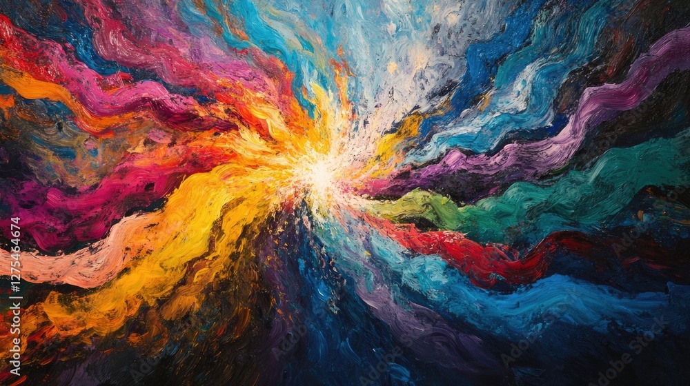 Poster A burst of colorful waves of light fusing together, creating an abstract and powerful visual of collaboration and unity in action
