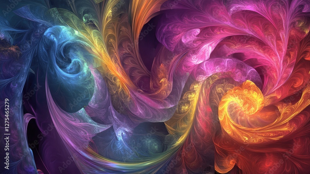 Poster a captivating abstract design in fluid art, where vibrant swirling tendrils of color intertwine and 