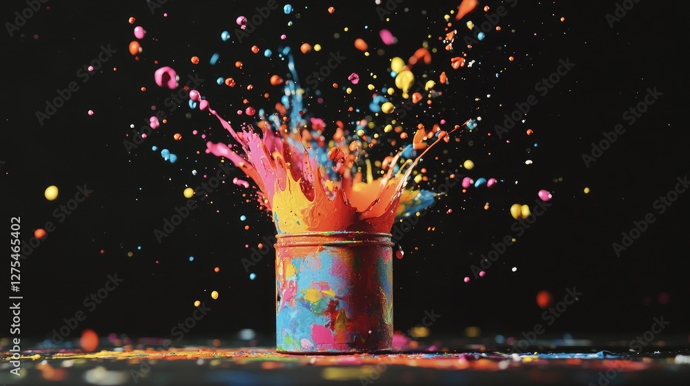 Poster a colorful eruption of paint splatters in bright hues, creating an artistic and lively scene from a 