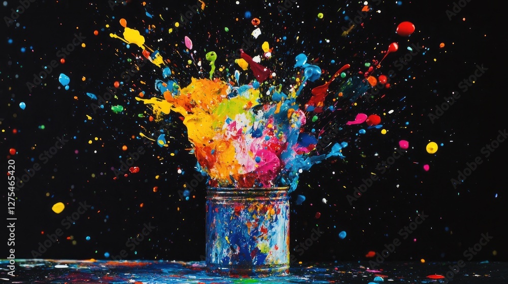 Poster a colorful eruption of paint splatters in bright hues, creating an artistic and lively scene from a 