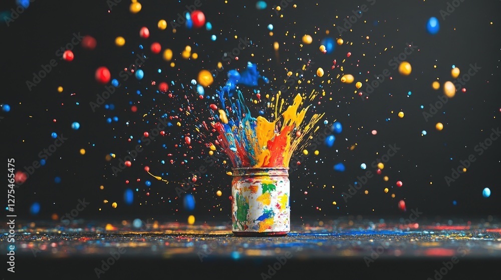 Poster a colorful eruption of paint splatters in bright hues, creating an artistic and lively scene from a 