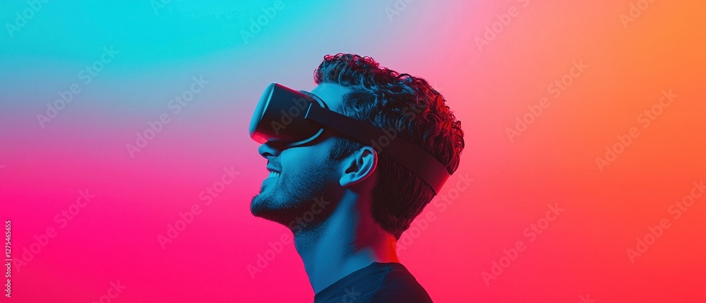 Poster virtual reality concepts. young man enjoying virtual reality with colorful lighting backdrop.