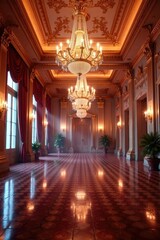 Luxurious ballroom with chandeliers and sparkling crystals, shine, balls, grandeur