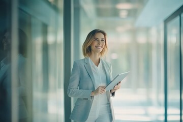 Fototapeta premium Happy Businesswoman Smiling in Modern Office Environment