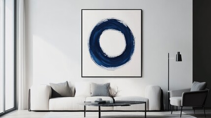 A contemporary abstract design with a bold blue circular brush stroke on a clean white canvas, evoking a minimalist aesthetic