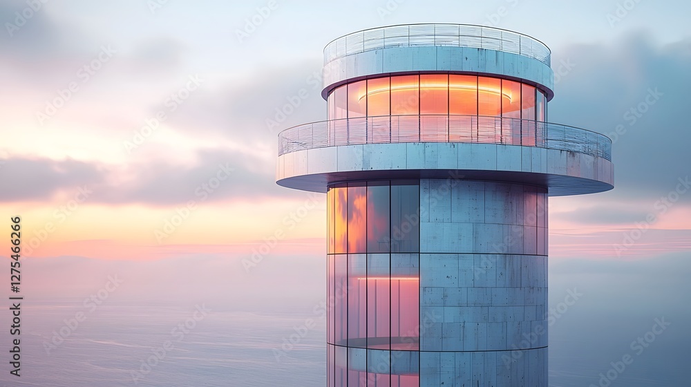 Poster futuristic metallic tower with rotating observatory deck on isolated white background