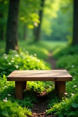 Fototapeta premium Wooden table on rustic green terrain with wood fragrance, green, logs, rustic
