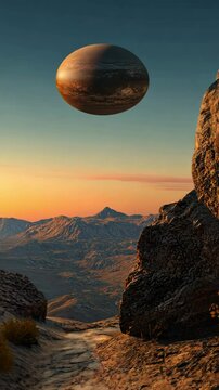 Massive planetary disk rising above barren rocky terrain, illuminated by golden sunset light, revealing dramatic interplanetary landscape scenery