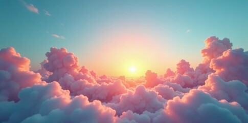 Clouds in shades of soft pink and peach morph into a majestic sun against a bright blue backdrop, golden hour, peach