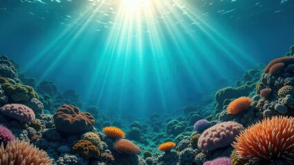 Naklejka premium Colorful coral reef underwater with sunlight rays illuminating marine life 