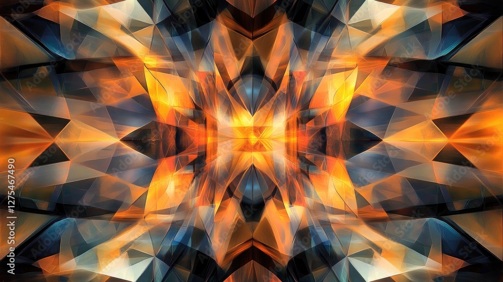 Poster A dynamic pattern of angular geometric shapes and reflections, creating a bold, modern, and vibrant abstract background with a sense of movement