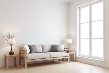 Fototapeta premium Modern living room large window wooden sofa side tables lamp